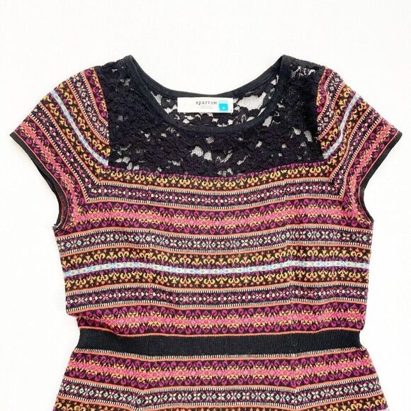 Anthropologie Fair Isle Red Sweater Dress Womens M SPARROW Cashmere Short Sleeve - Picture 3 of 9